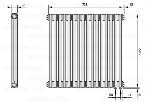 Схема (чертеж) Радиатор Zehnder Charleston 2250/16 №5510 Белый глянцевый RAL 9016